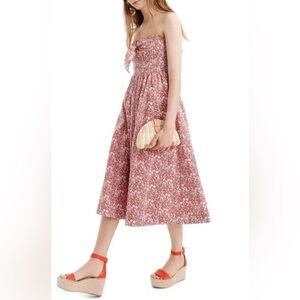 J. Crew Liberty Print Tie Front Strapless Midi Dress Red Floral Size 2